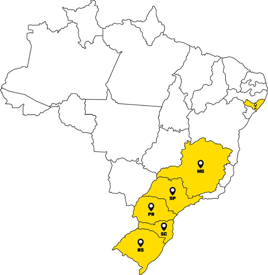 Mapa do Brasil com unidades Janela Bar em MG, SP, PR, SC, RS e AL